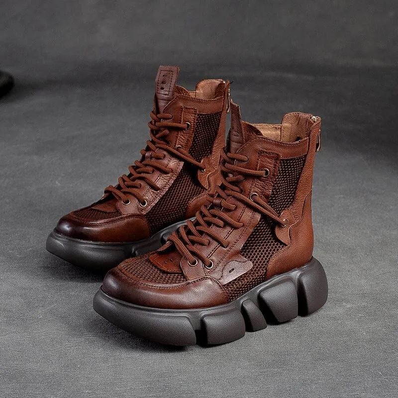 Summer Retro Leather Hollow Mesh Platform Boots