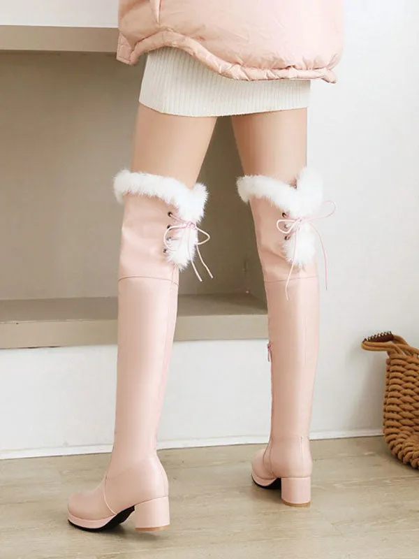 Sweet Lolita Boots Pink PU Leather Round Toe Chunky Heel Over The Knees Lolita Footwear