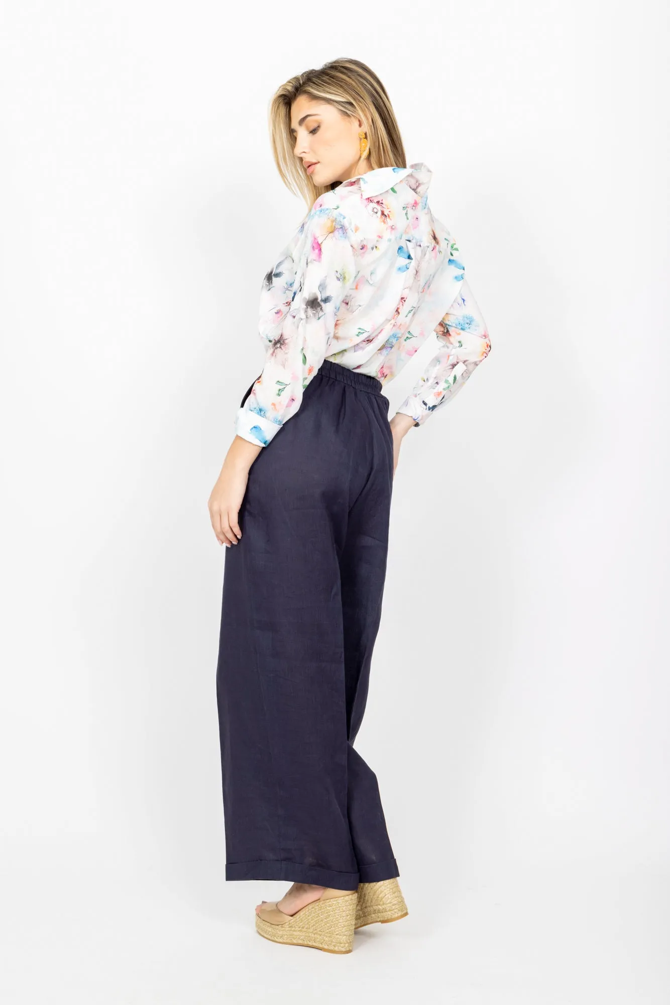 The Hampton Wide Leg Linen Pant - Navy