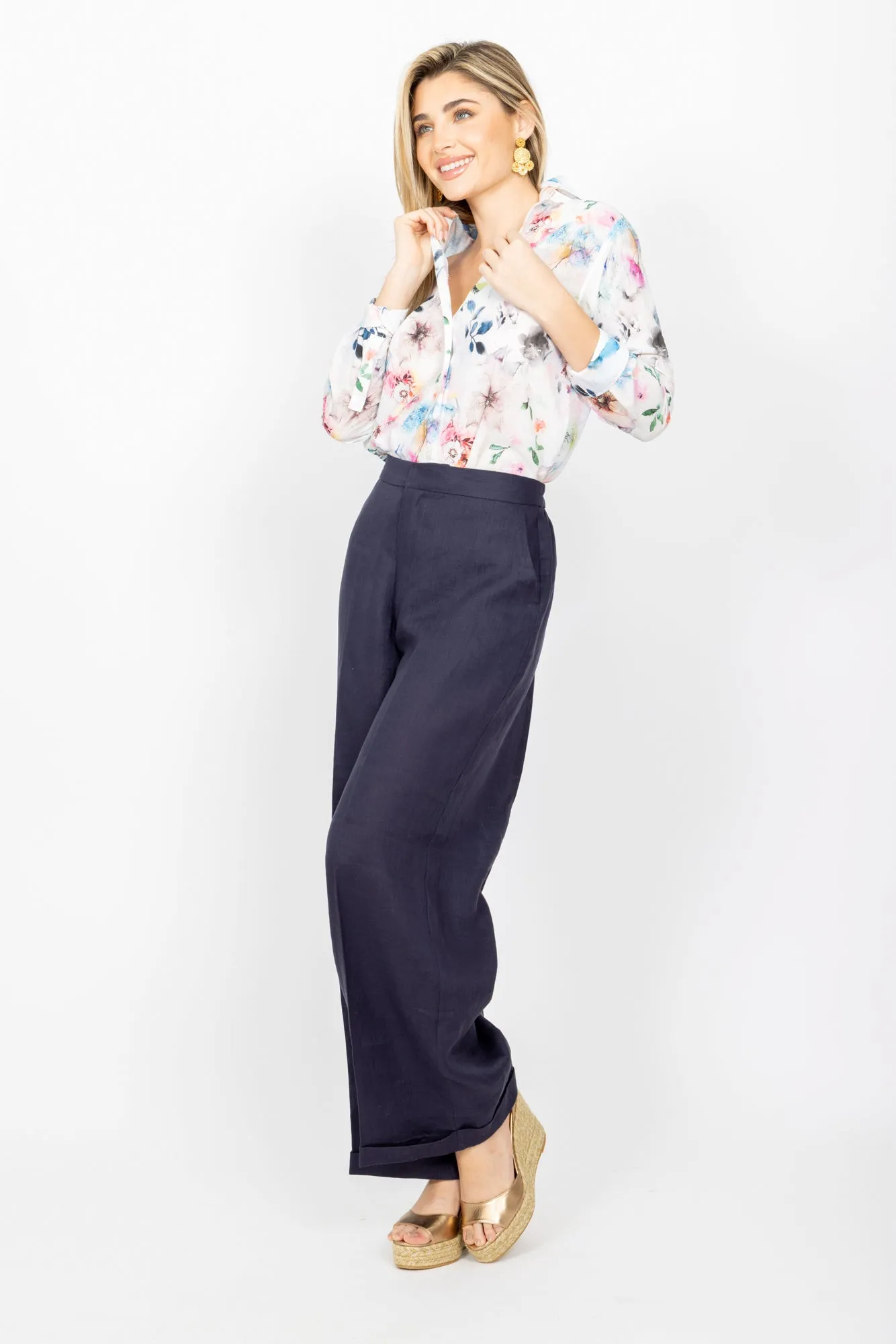 The Hampton Wide Leg Linen Pant - Navy