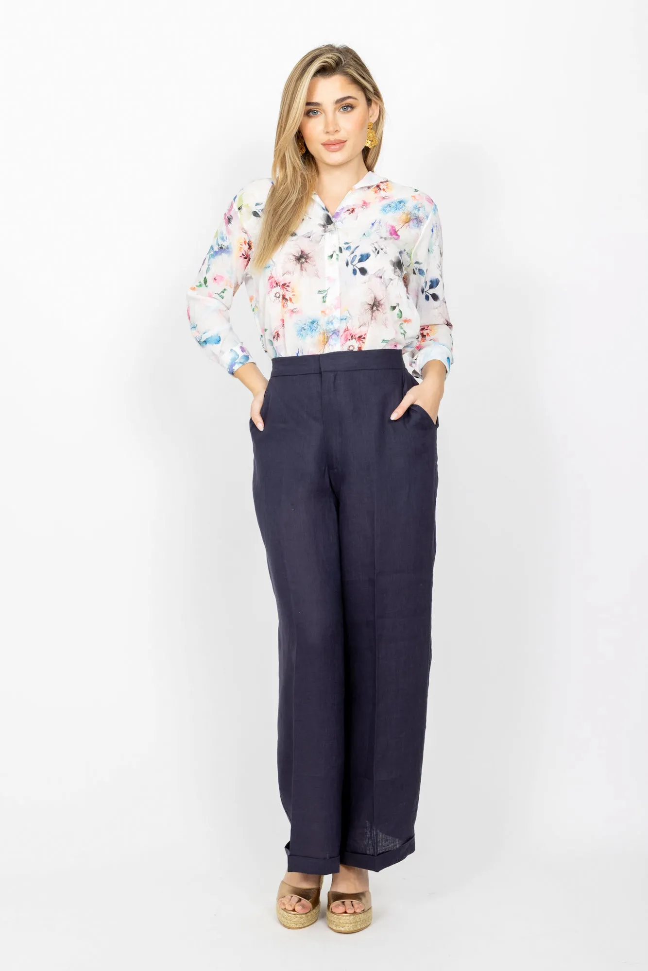 The Hampton Wide Leg Linen Pant - Navy