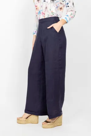 The Hampton Wide Leg Linen Pant - Navy