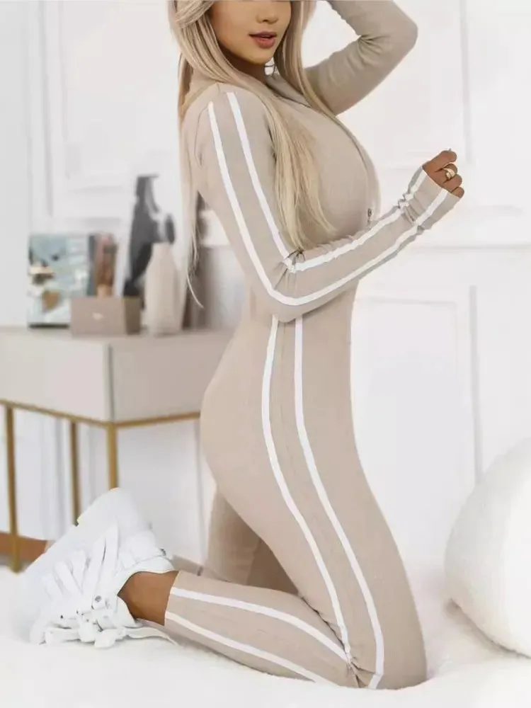 Trendy Black/Beige Bodycon Jumpsuit – Women's Sporty Stripe Splice One-Piece Romper