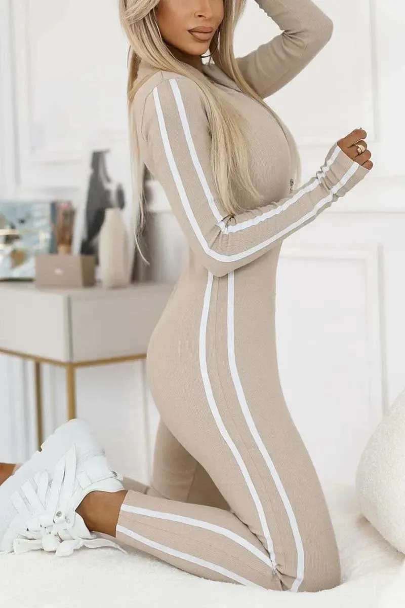Trendy Black/Beige Bodycon Jumpsuit – Women's Sporty Stripe Splice One-Piece Romper