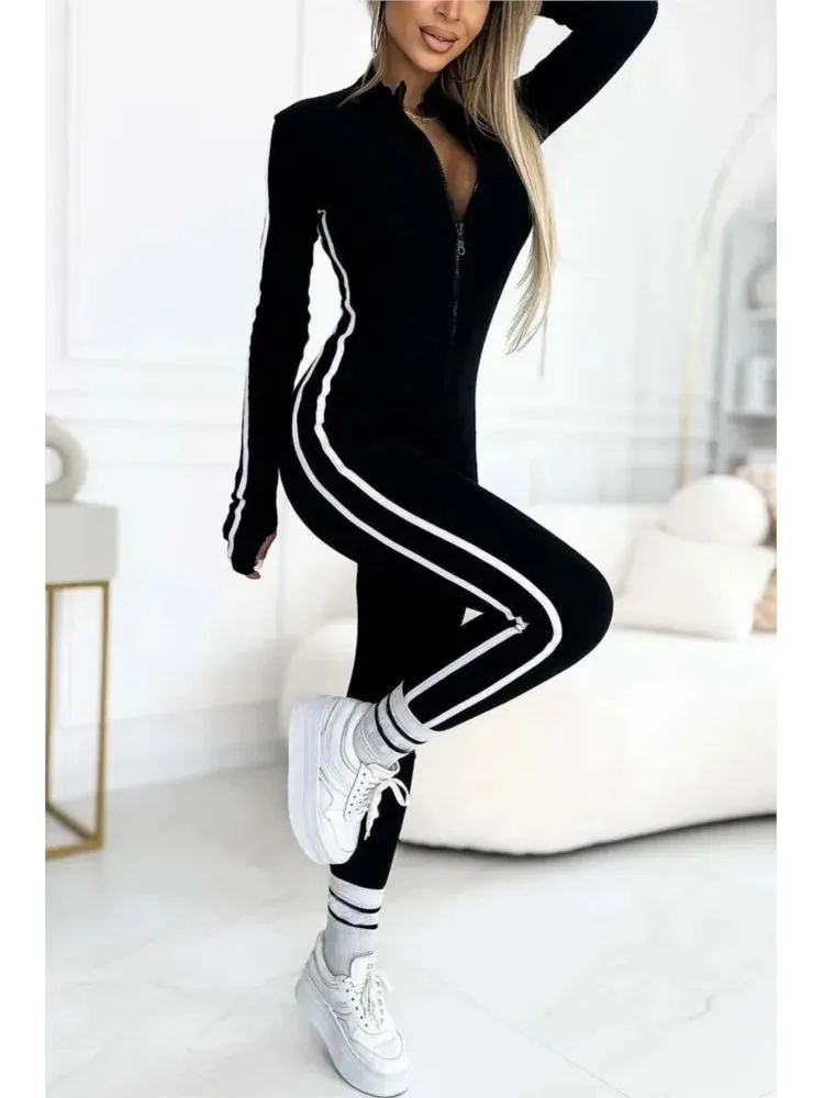 Trendy Black/Beige Bodycon Jumpsuit – Women's Sporty Stripe Splice One-Piece Romper