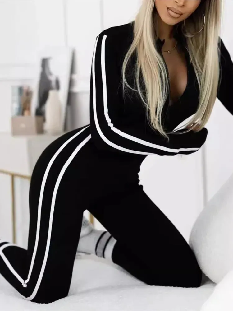Trendy Black/Beige Bodycon Jumpsuit – Women's Sporty Stripe Splice One-Piece Romper