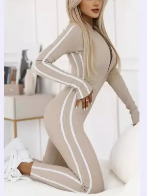 Trendy Black/Beige Bodycon Jumpsuit – Women's Sporty Stripe Splice One-Piece Romper