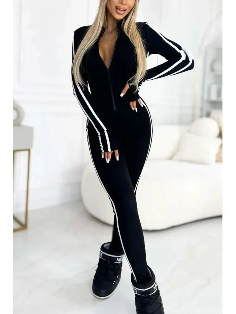Trendy Black/Beige Bodycon Jumpsuit – Women's Sporty Stripe Splice One-Piece Romper