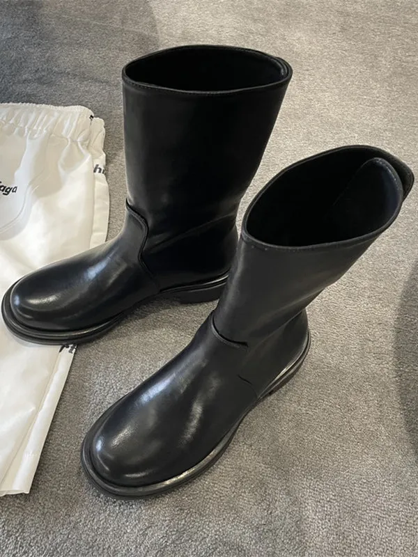 Vintage-Inspired Sheepskin Slit Flap Flat Boots