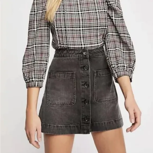 We The free Charcoal Super High Waisted Button Front Denim Jean Mini Skirt