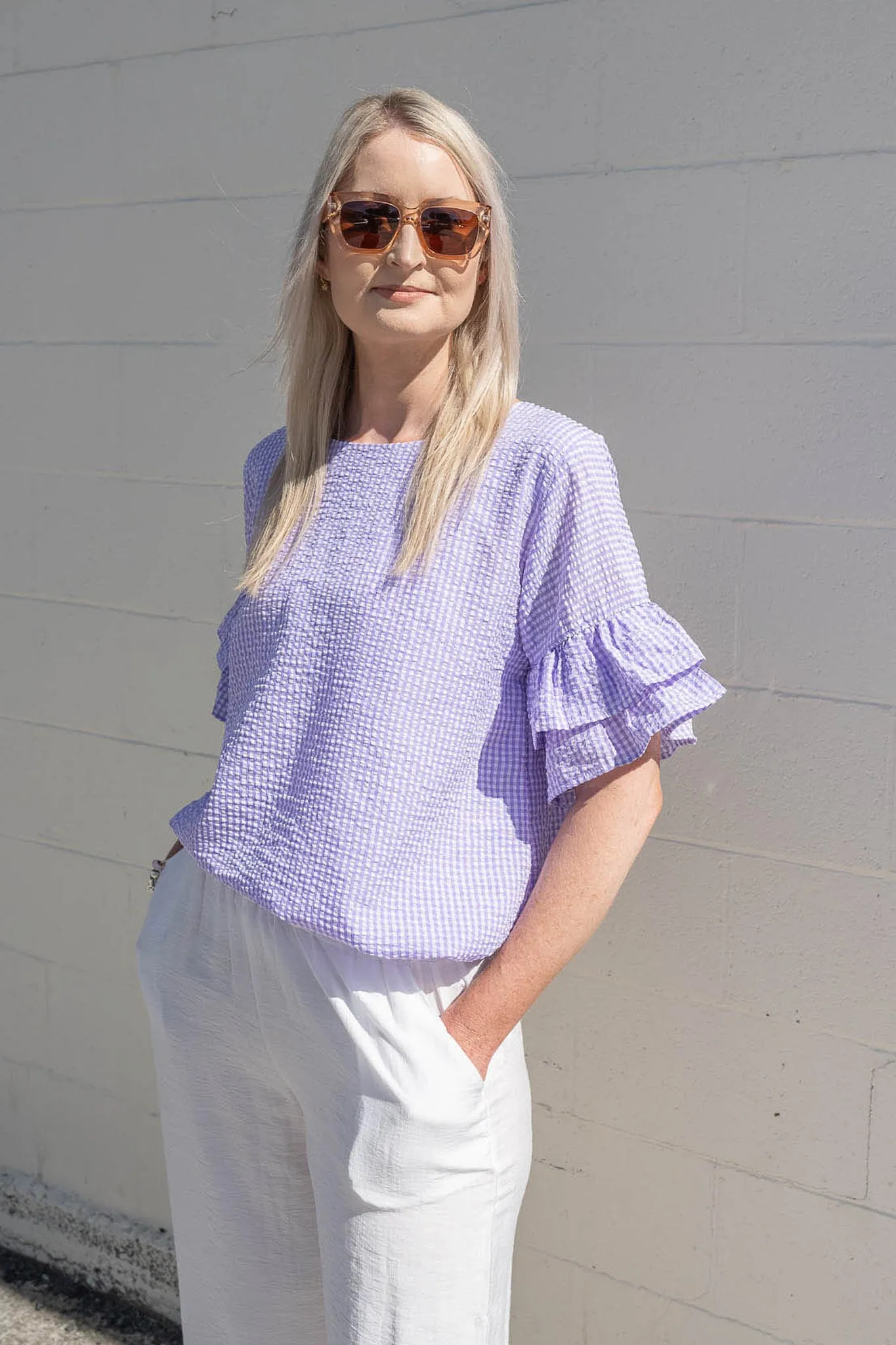 Wisteria - Plaid Valerie Ruffle Sleeve Top