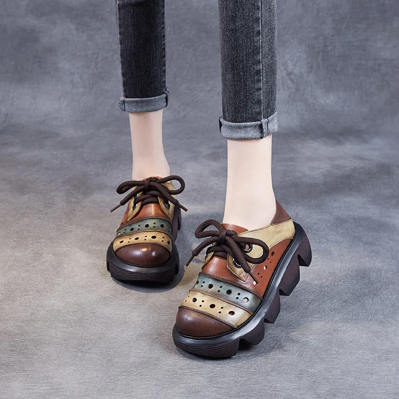 Women Color Block Platform Retro Perforated Leather Casual Shoes