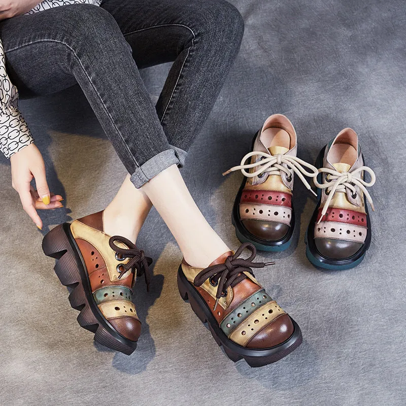 Women Color Block Platform Retro Perforated Leather Casual Shoes