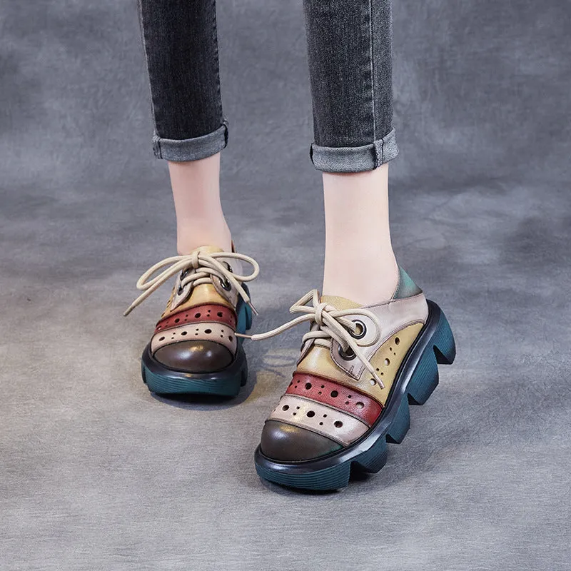 Women Color Block Platform Retro Perforated Leather Casual Shoes