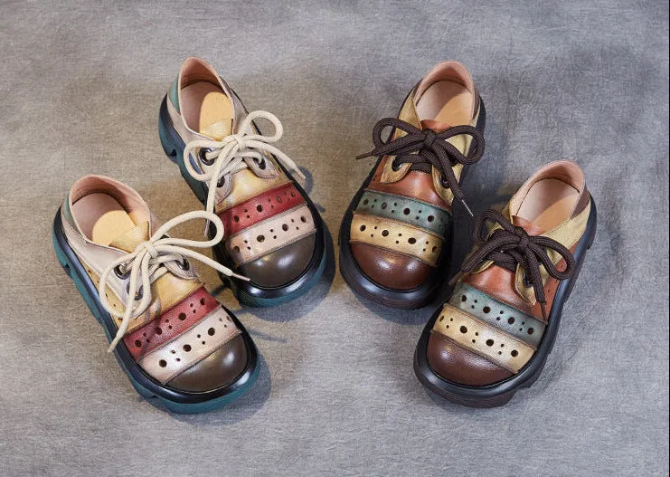 Women Color Block Platform Retro Perforated Leather Casual Shoes