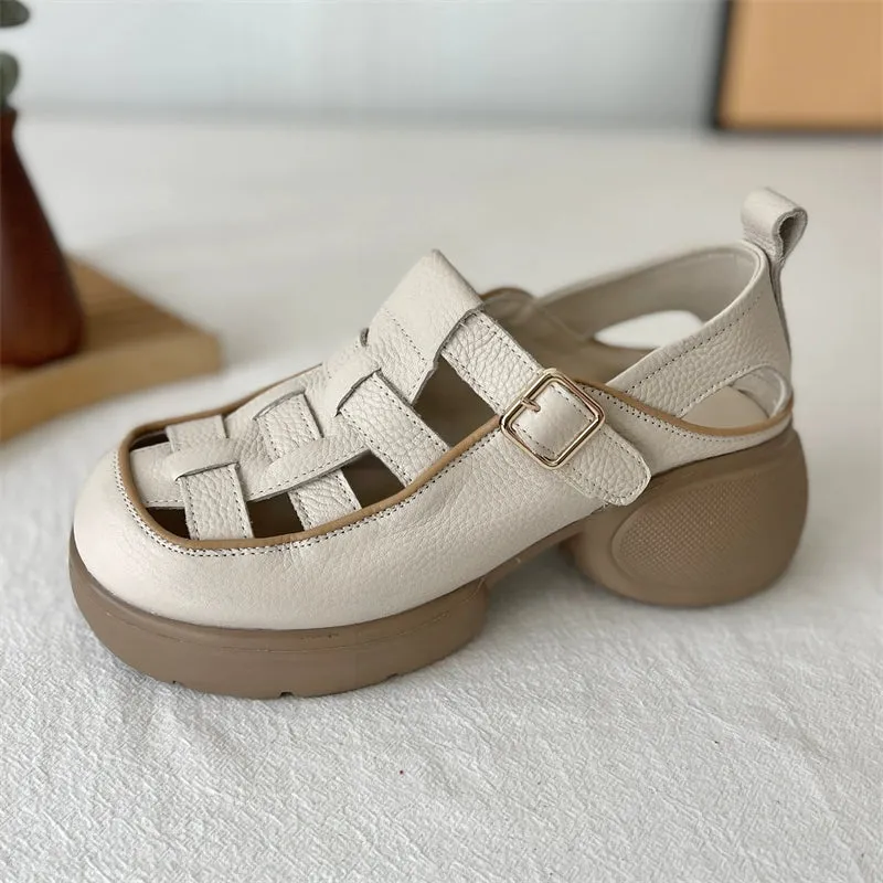 Women Comfortable Hollow Platform Genuine Leather Roman Sandals