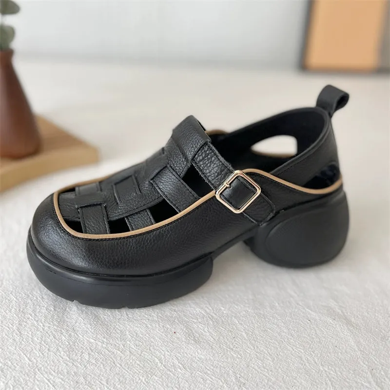 Women Comfortable Hollow Platform Genuine Leather Roman Sandals
