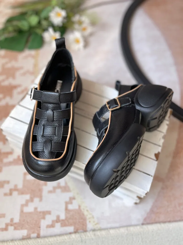Women Comfortable Hollow Platform Genuine Leather Roman Sandals