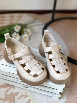 Women Comfortable Hollow Platform Genuine Leather Roman Sandals