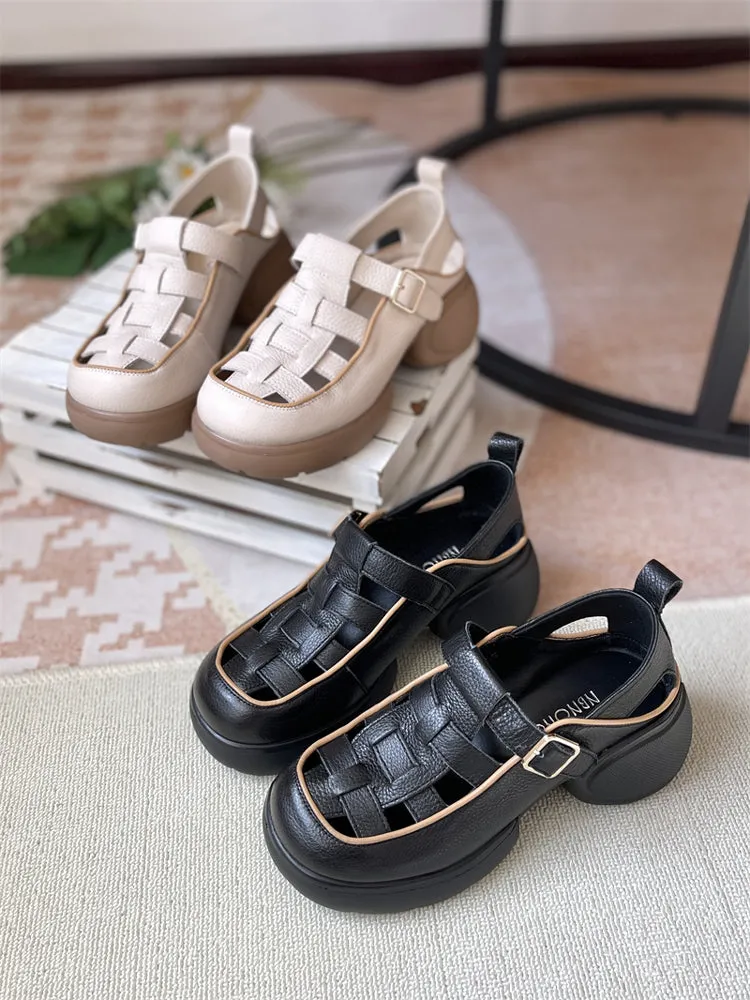 Women Comfortable Hollow Platform Genuine Leather Roman Sandals