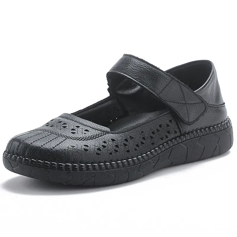 Women Retro Summer Genuine Leather Velcro Platform Sandals