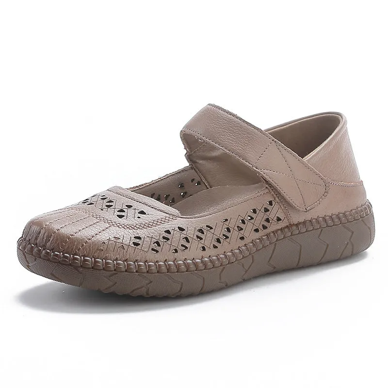 Women Retro Summer Genuine Leather Velcro Platform Sandals