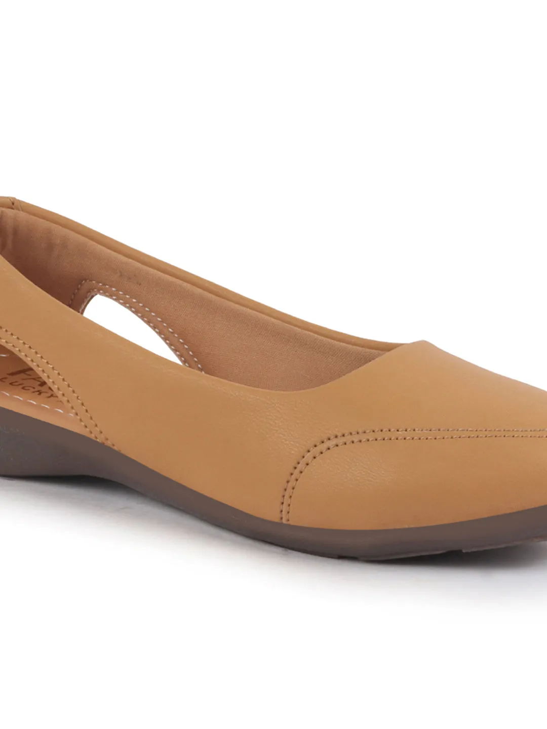 Women Tan Stylish Backless Casual Ballets | Low Heel Cut-Out Slip-On Ballerinas | Comfortable Walking Flats Sandals | Memory Cusion Insole