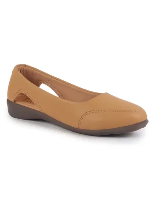 Women Tan Stylish Backless Casual Ballets | Low Heel Cut-Out Slip-On Ballerinas | Comfortable Walking Flats Sandals | Memory Cusion Insole