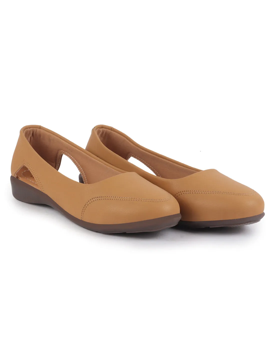 Women Tan Stylish Backless Casual Ballets | Low Heel Cut-Out Slip-On Ballerinas | Comfortable Walking Flats Sandals | Memory Cusion Insole