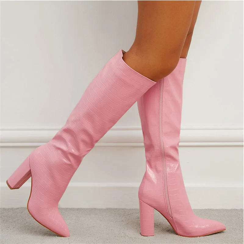 Women's Daily Plus Size Chunky Heels Side Zipper Knee Boots